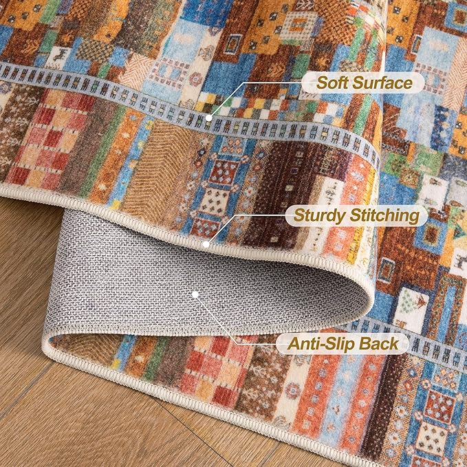 Tangsoo Washable Runner Rug Non Slip, 2x5 Vintage Runner Rug for Hallway, Soft Low Pile Tribal Carpet 2x5 Rug Runners for Kitchen Bathroom Laundry Bedroom Entrance Bedside (Yellow Multi)