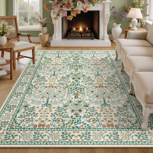 5x7 Area Rugs Living Room Rug - Floral Vintage Morris-Inspired Washable Carpet, Low Pile Non-Shedding Stain Resistance Boho Soft Carpet for Bedroom, Dining Room, Office, Farmhouse (5'x7' Beige Green)