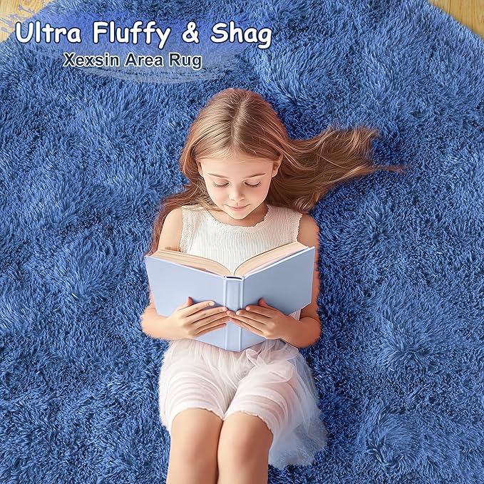 Round Fluffy for Bedroom Rugs, 4Ft Navy Blue Shag Circle Rug Non-Slip for Kids Girls Boys Bedroom Dorm Nursery Playroom, Soft Cute Area Rugs for Living Room Decor