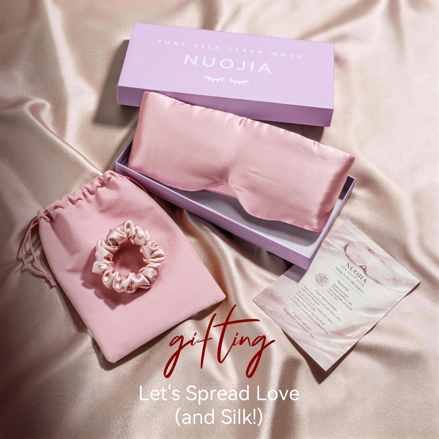 NUOJIA Silk Sleep Mask 22 Momme 100% Mulberry Silk & 3.5cm Silk Hairband Set for Side Sleeper Women Men,Light Blocking Nose Pad, Adjustable Silent Strap,Eye Mask fo Home & Travel Use (Pink)