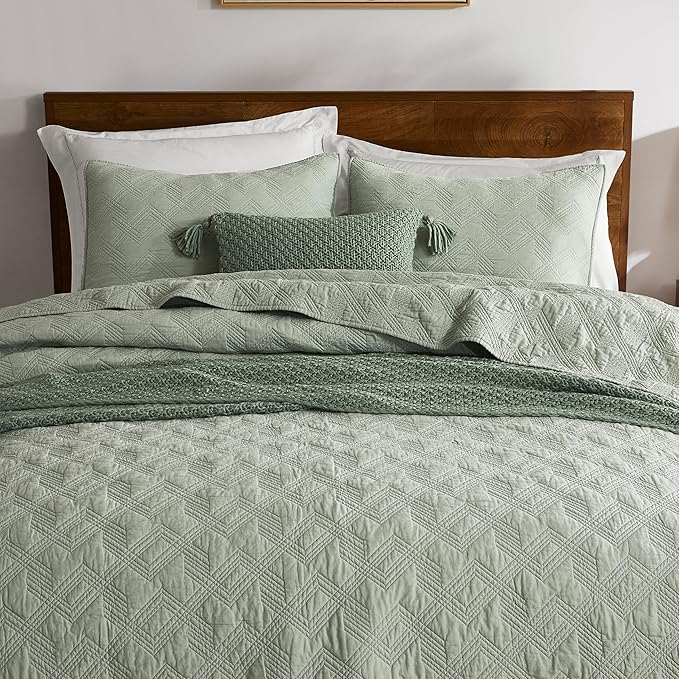 WDCOZY 100% Cotton Twin Size Quilt Set - Sage Green Pre-Washed Soft Lightweight Modern Bedspread, Farmhouse Country Rustic Coverlet, Textured Like Linen, Shabby Chic Gauze Bedding, 2 Pieces