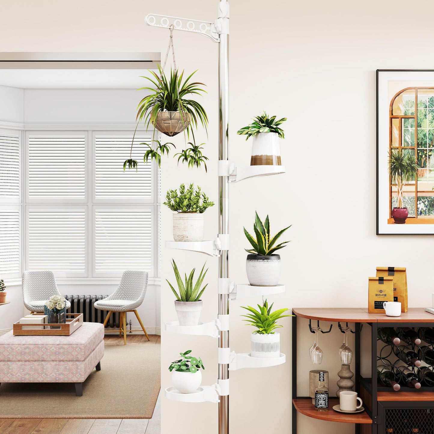 BAOYOUNI 7-Layer Indoor Plant Stands Spring Tension Pole Metal Flower Display Rack Space Saver Corner Floral Pot Hanger Shelf, Ivory