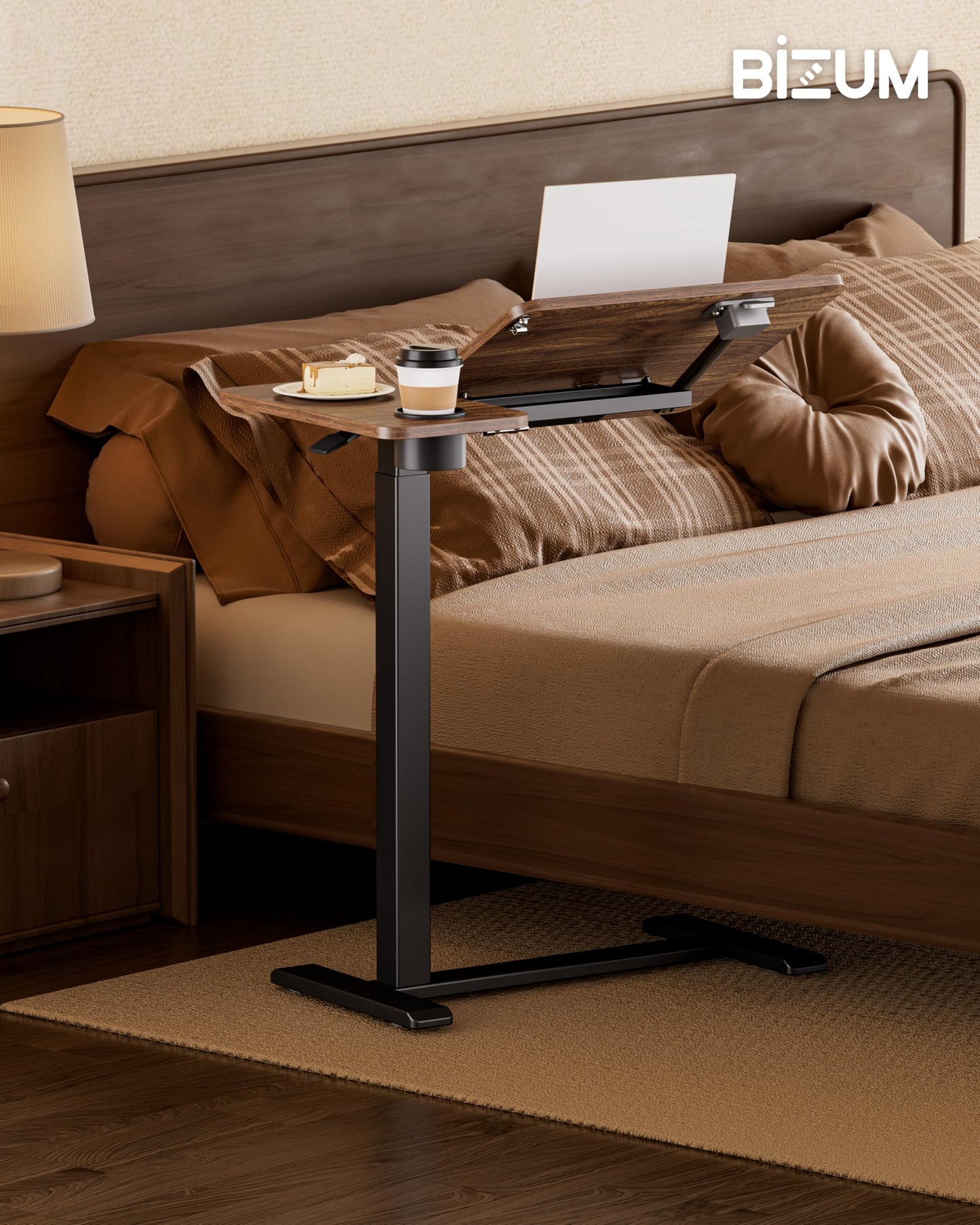 BZIUM Overbed Bedside Table with Hidden Wheels, Adjustable Medical Tilt Top Hospital Bed Table Over The Bed, Rolling Desk Mobile Standing Desk (27.6x15.8, Walnut)