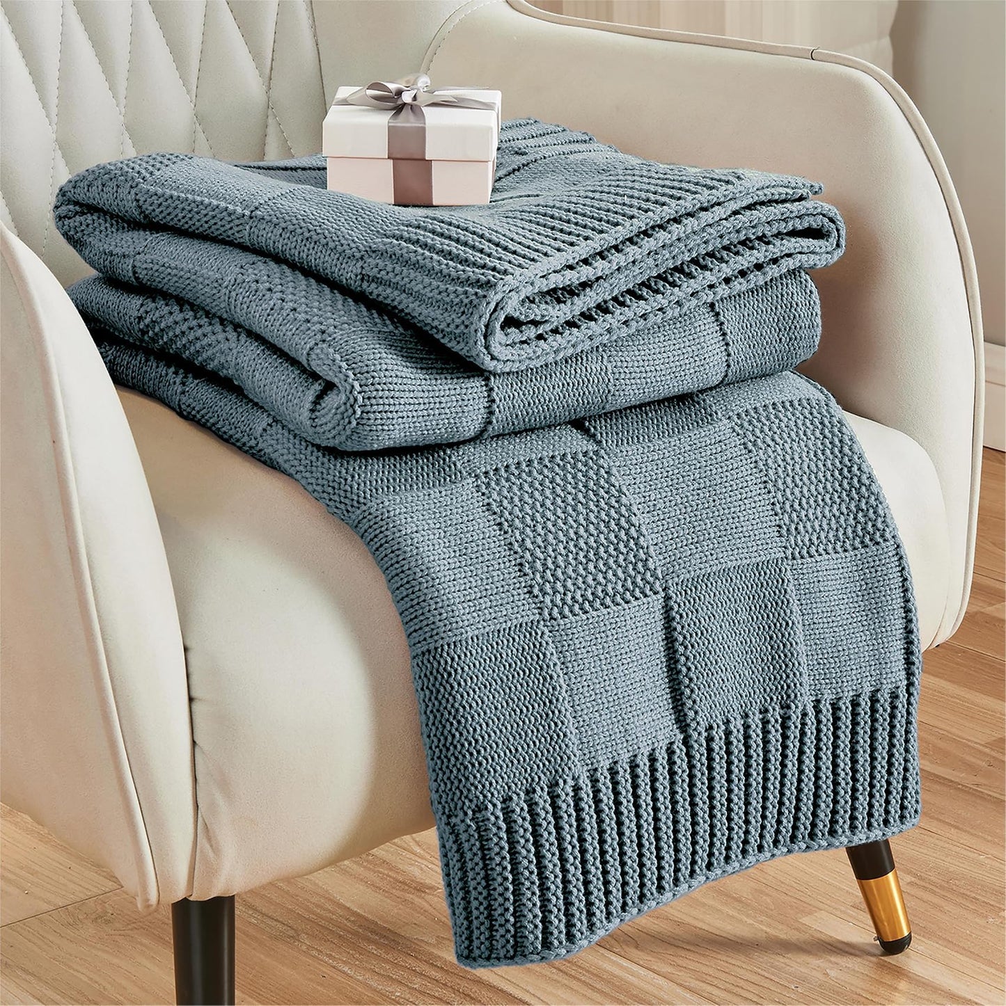 CozeCube Check Knit Throw Blanket, Dusty Blue Checkered Throw for Couch, Decorative Christmas Soft Cozy Warm Knitted Blanket for Bed Sofa Living Room, 50"X60"