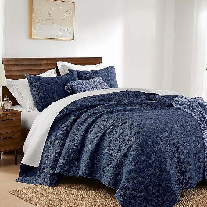 WDCOZY 100% Cotton Oversized King Quilt Set - Navy Blue California Cal King Size Soft Lightweight Modern Bedspread, Farmhouse Country Rustic Coverlet, Textured Like Linen, Shabby Chic Bedding