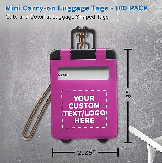 100 Mini Carry-on Luggage Tags Pack - Customizable Text, Logo - Flip Open Cover, ID Sticker - Purple