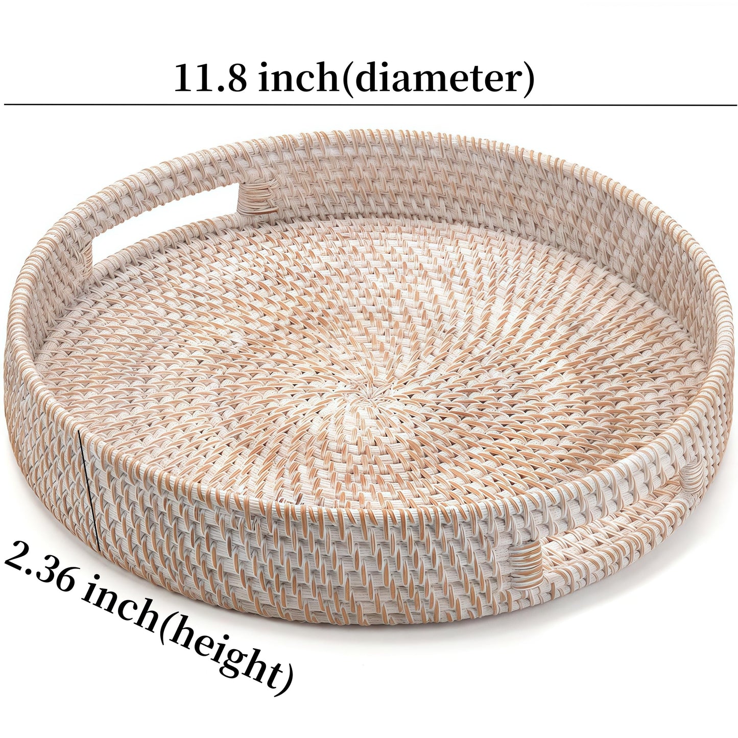 11.8" Round Rattan Tray, Hand Woven Serving Tray with Handles, Wicker Serving Basket, Decorative Tray for Home Decor, Whitewash