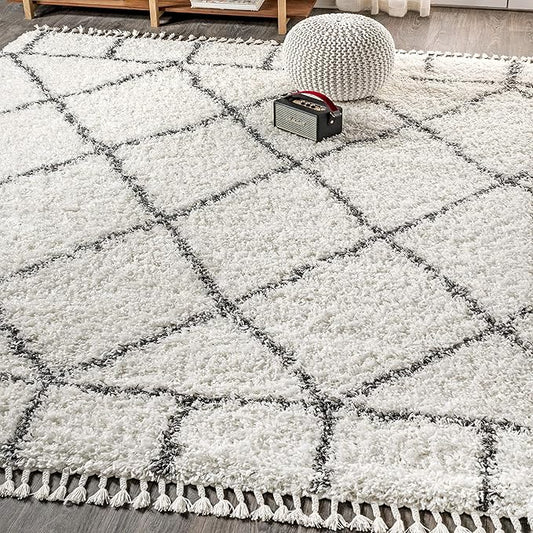 JONATHAN Y Mercer Shag Plush Tassel Ivory/Gray Indoor Area Rug, 5x8, Moroccan Geometric Trellis, Easy-Cleaning for Living Room, Bedroom, Kitchen, Pet Friendly, Non-Shedding (MCR101B-5)