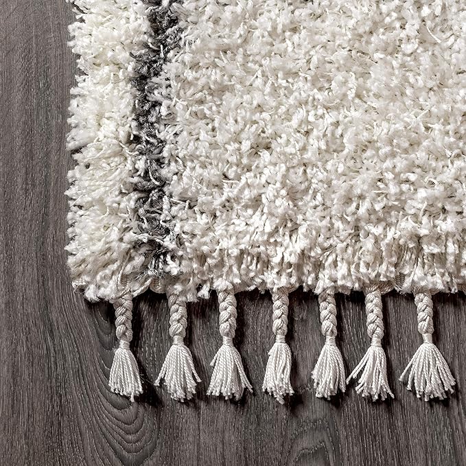 JONATHAN Y Mercer Shag Plush Tassel Ivory/Gray Indoor Area Rug, 3x5, Moroccan Geometric Trellis, Easy-Cleaning for Living Room, Bedroom, Kitchen, Pet Friendly, Non-Shedding (MCR101B-3)