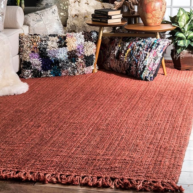 nuLOOM 4x6 Daniela Jute Tassel Hand Woven Area Rug, Brick, Solid Chunky Farmhouse Design, Natural Fiber, For Bedroom, Dining Room, Living Room, Hallway, Office, Entryway