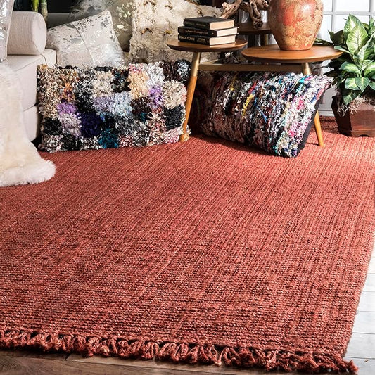 nuLOOM 4x6 Daniela Jute Tassel Hand Woven Area Rug, Brick, Solid Chunky Farmhouse Design, Natural Fiber, For Bedroom, Dining Room, Living Room, Hallway, Office, Entryway