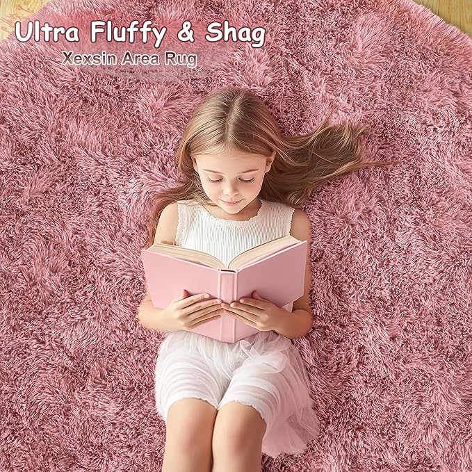 Round Fluffy Rugs 4Ft for Girls Bedroom, Blush Pink Shag Circle Kids Rug Non-Slip for Bedside Dorm Nursery Playroom, Soft Cute Area Rugs for Living Room Decor