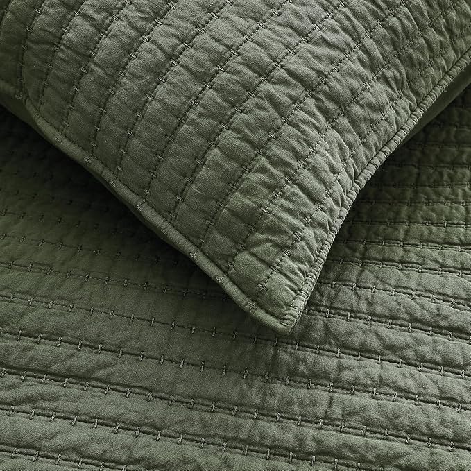 WDCOZY 100% Cotton Twin Size Quilt Set - Olive Green Striped Pick Stitch Soft Lightweight Bedspread, Textured Like Linen, Farmhouse Country Rustic Coverlet, Shabby Chic Gauze Bedding, 2 Pieces