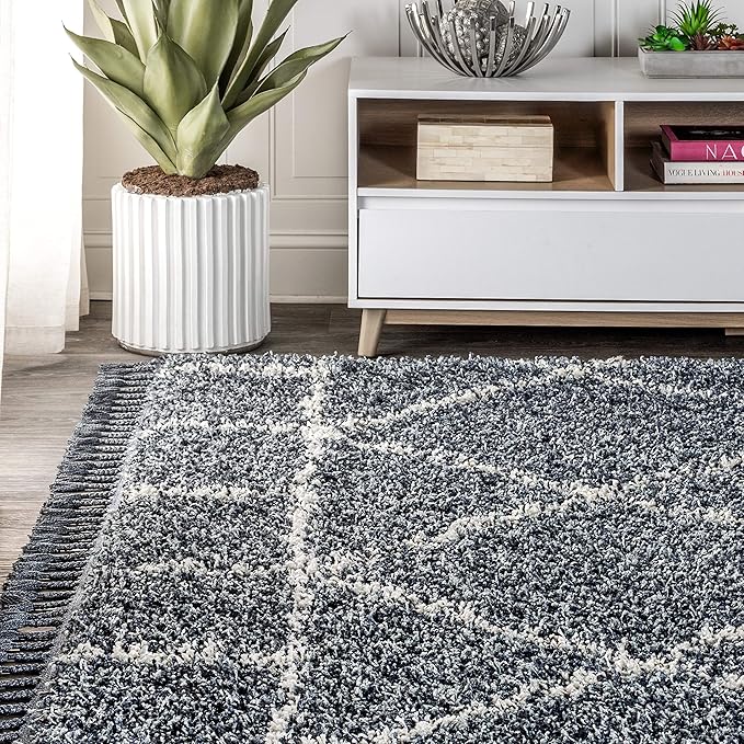 JONATHAN Y Mercer Shag Plush Tassel Blue/Cream Indoor Area Rug, 8x10, Moroccan Geometric Trellis, Easy-Cleaning for Living Room, Bedroom, Kitchen, Pet Friendly, Non-Shedding (MCR101A-8)