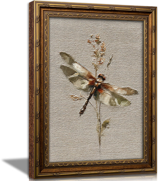 CXYWDHVO Vintage Gold Framed Textured Dragonfly Canvas Wall Art, Muted Florals ＆ Insect Prints, Antique Elegant Animal Picture Wall Decor, for Hallway Bedroom Living Room Nursery 9x11 Inch