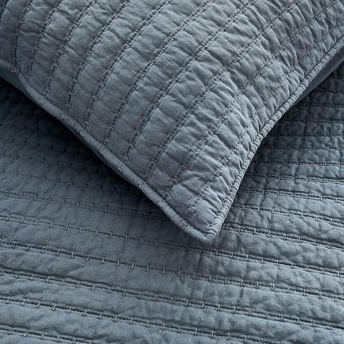 WDCOZY 100% Cotton King Size Quilt Set - Blue Striped Pick Stitch Soft Lightweight Bedspread, Textured Like Linen, Farmhouse Country Rustic Coverlet, Shabby Chic Gauze Bedding, 3 Pieces