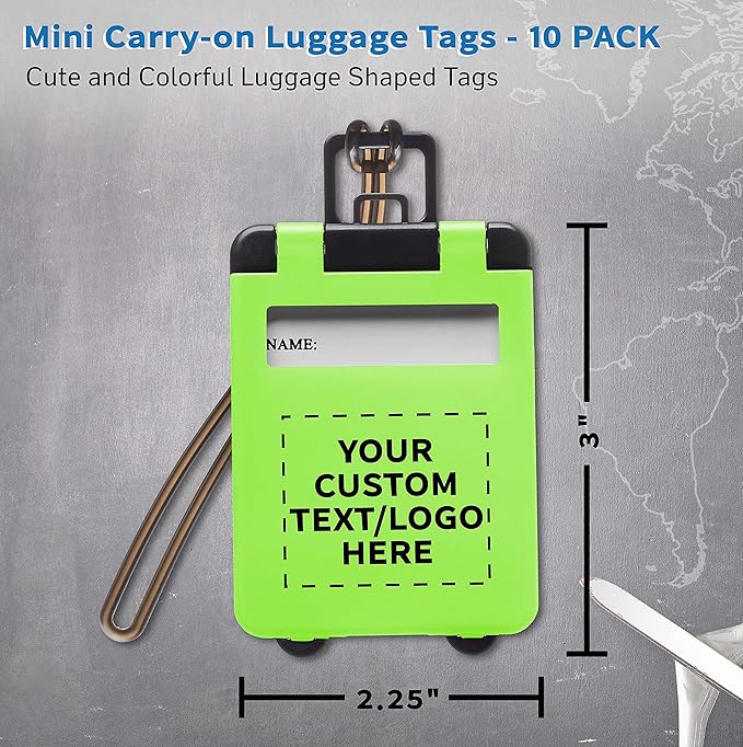 10 Mini Carry-on Luggage Tags Pack - Customizable Text, Logo - Flip Open Cover, ID Sticker - Lime Green