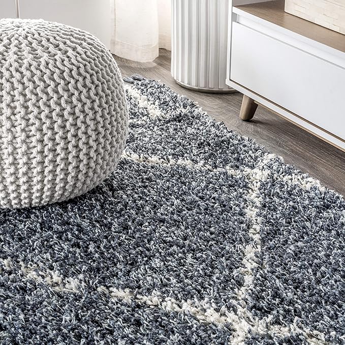 JONATHAN Y Mercer Shag Plush Tassel Blue/Cream Runner Rug, 2x8, Moroccan Geometric Trellis, Easy-Cleaning for Living Room, Bedroom, Kitchen, Pet Friendly, Non-Shedding (MCR101A-28)