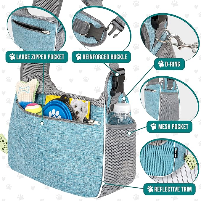 PetAmi Small Dog Sling Carrier, Soft-Sided Crossbody Puppy Carrying Purse Bag, Adjustable Sling Pet Pouch to Wear Medium Dog Cat Travel, Dog Bag for Traveling, Poop Bag Dispenser, Max 10 lbs, Blue