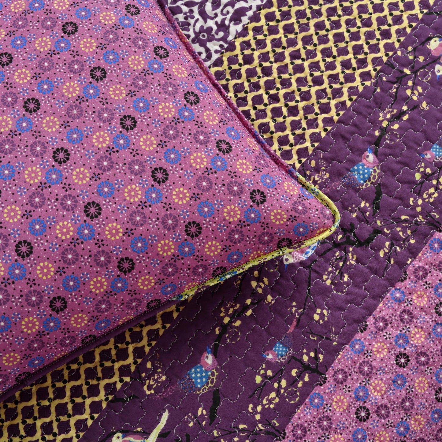 Lush Decor Royal Empire Reversible Cotton Quilt Set, 3 Piece Set Full/ Queen, Plum - Striped Bedding Set - Floral Quilt Queen Size - Purple Bedding - Boho Decor