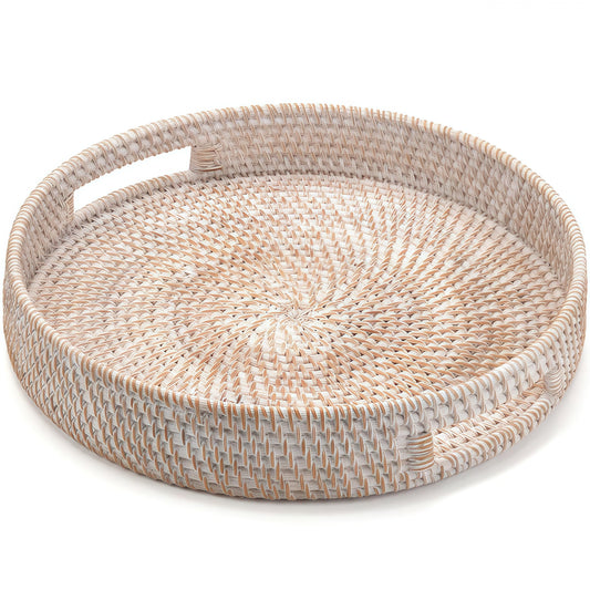 11.8" Round Rattan Tray, Hand Woven Serving Tray with Handles, Wicker Serving Basket, Decorative Tray for Home Decor, Whitewash