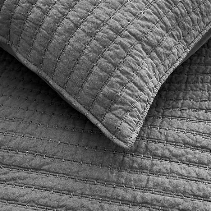 WDCOZY 100% Cotton Twin Size Quilt Set - Grey Striped Pick Stitch Soft Lightweight Bedspread, Textured Like Linen, Farmhouse Country Rustic Coverlet, Shabby Chic Gauze Bedding, 2 Pieces