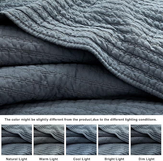 WDCOZY 100% Cotton Oversized King Size Quilt Set - Dusty Blue California Cal King Striped Pick Stitch Soft Lightweight Bedspread, Textured Like Linen, Farmhouse Country Rustic Coverlet, 3 Pieces