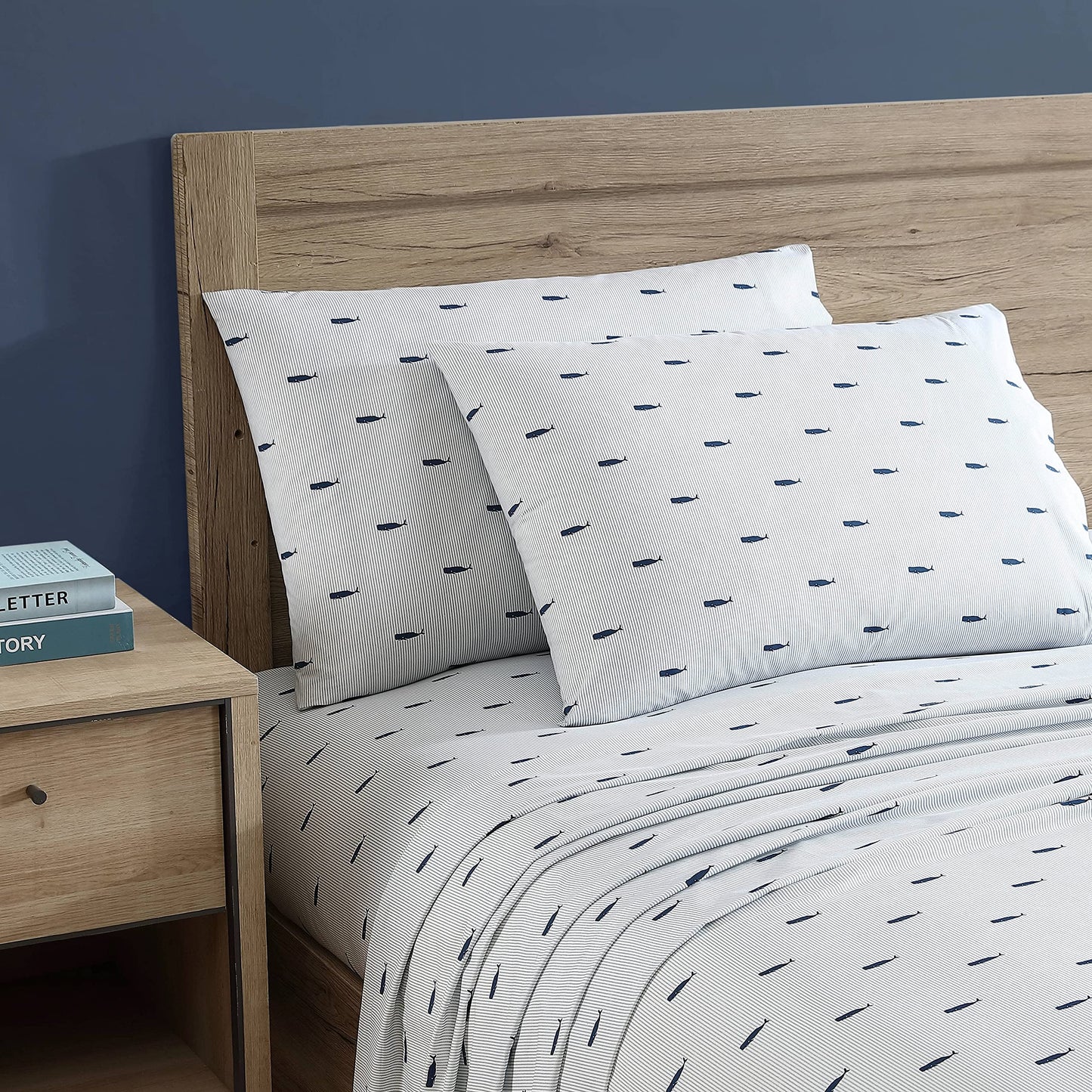 Nautica - Queen Size Sheet Set, Crisp Cotton Percale Bedding with Matching Pillowcases, Fully Elastic Fitted Sheet, Deep Pocket, Nautical Room Decor, Breathable All-Season Comfort (Whale Stripe Blue)