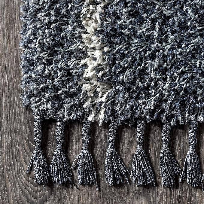 JONATHAN Y Mercer Shag Plush Tassel Blue/Cream Indoor Area Rug, 4x6, Moroccan Geometric Trellis, Easy-Cleaning for Living Room, Bedroom, Kitchen, Pet Friendly, Non-Shedding (MCR101A-4)