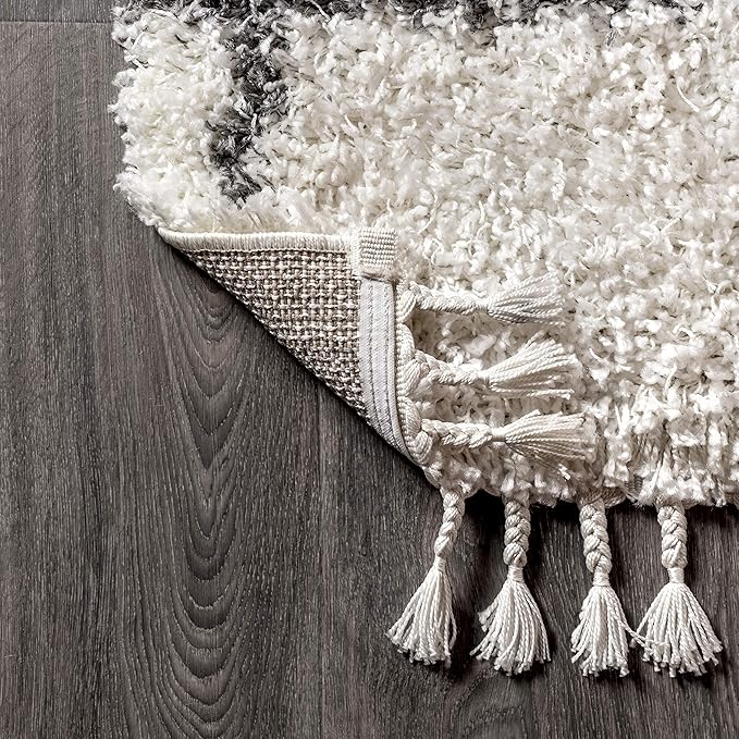 JONATHAN Y Mercer Shag Plush Tassel Ivory/Gray Indoor Area Rug, 4x6, Moroccan Geometric Trellis, Easy-Cleaning for Living Room, Bedroom, Kitchen, Pet Friendly, Non-Shedding (MCR101B-4)