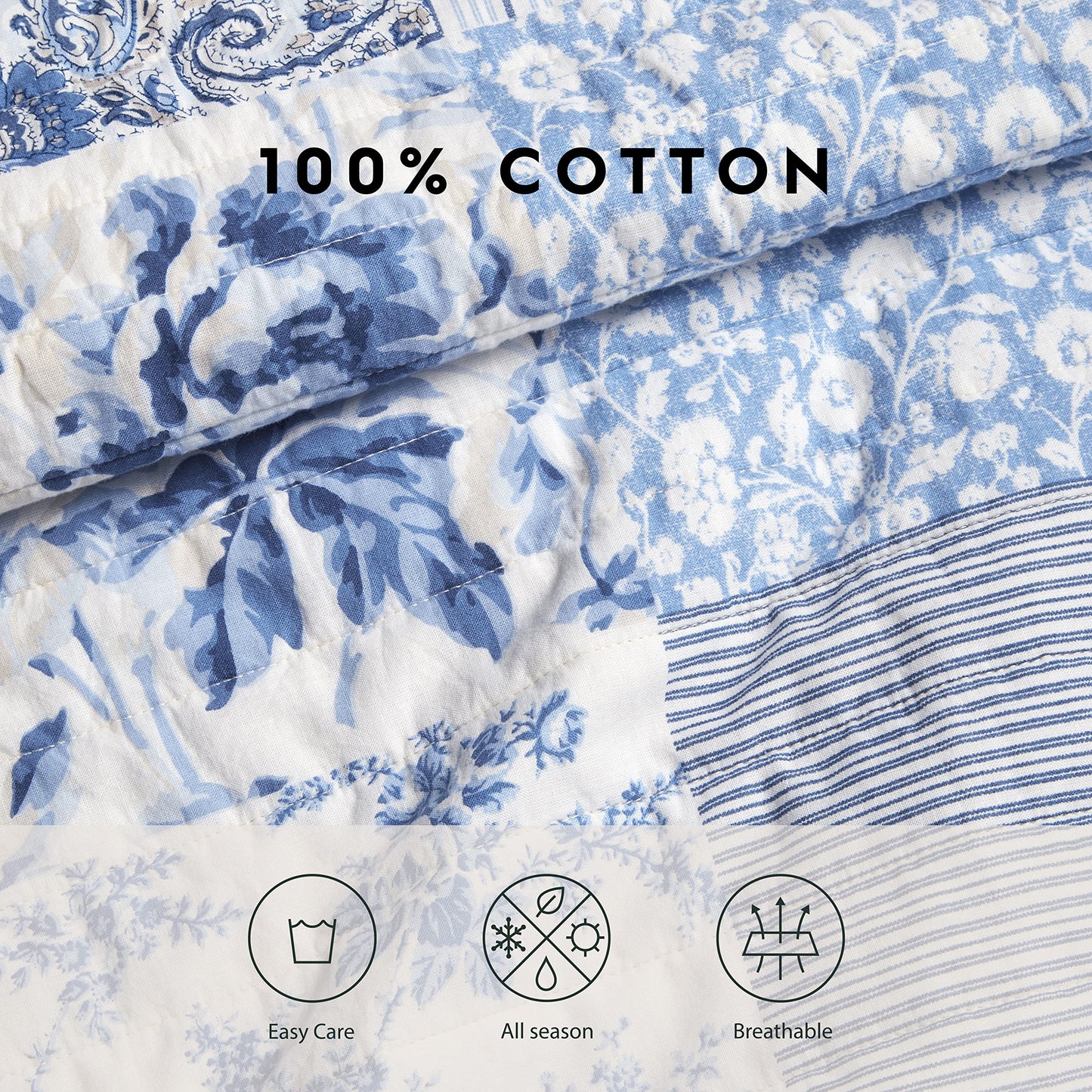 Laura Ashley – Queen Quilt Set, Soft Cotton Bedding with Matching Shams, Reversible Patchwork Paisley Design, Flora Room Decor, Lightweight for Year-Round Layering (Blue)