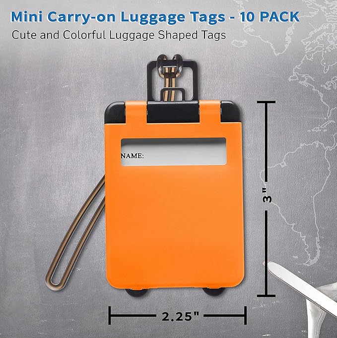 10 Mini Carry-on Luggage Tags Pack - Flip Open Cover, ID Sticker - Orange